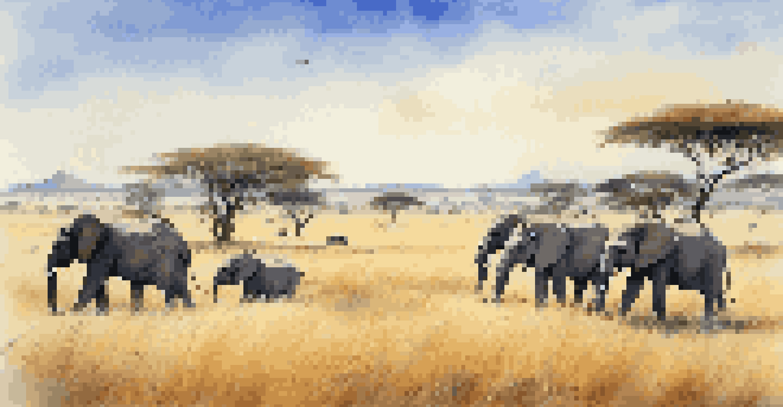 A herd of elephants in a golden savannah under a blue sky, with a safari vehicle in the foreground, highlighting the beauty of wildlife in nature.