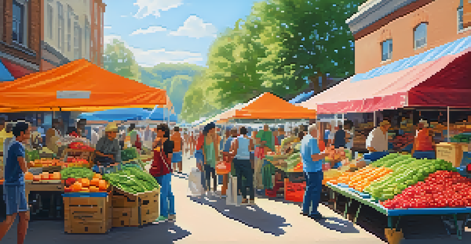 An outdoor market filled with fresh produce and people using reusable shopping bags, creating a lively and colorful atmosphere under the sunlight.