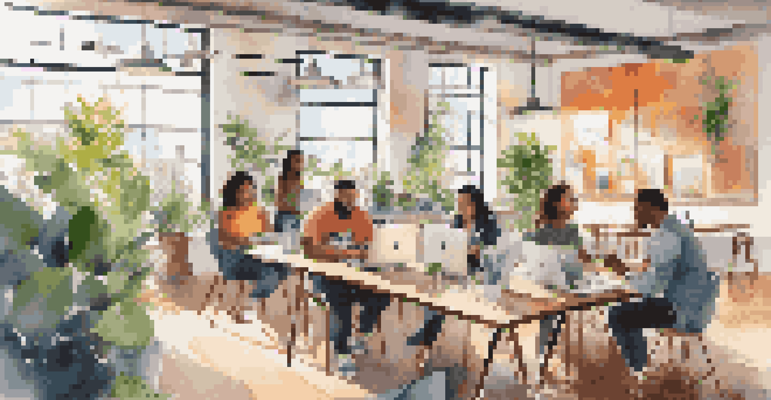 A lively co-working space with diverse digital nomads working and collaborating, surrounded by modern decor and sunlight.