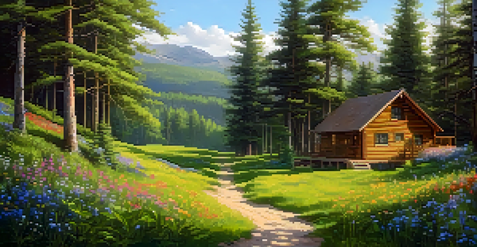 A tranquil forest scene with eco-friendly cabins and colorful wildflowers under a clear blue sky.