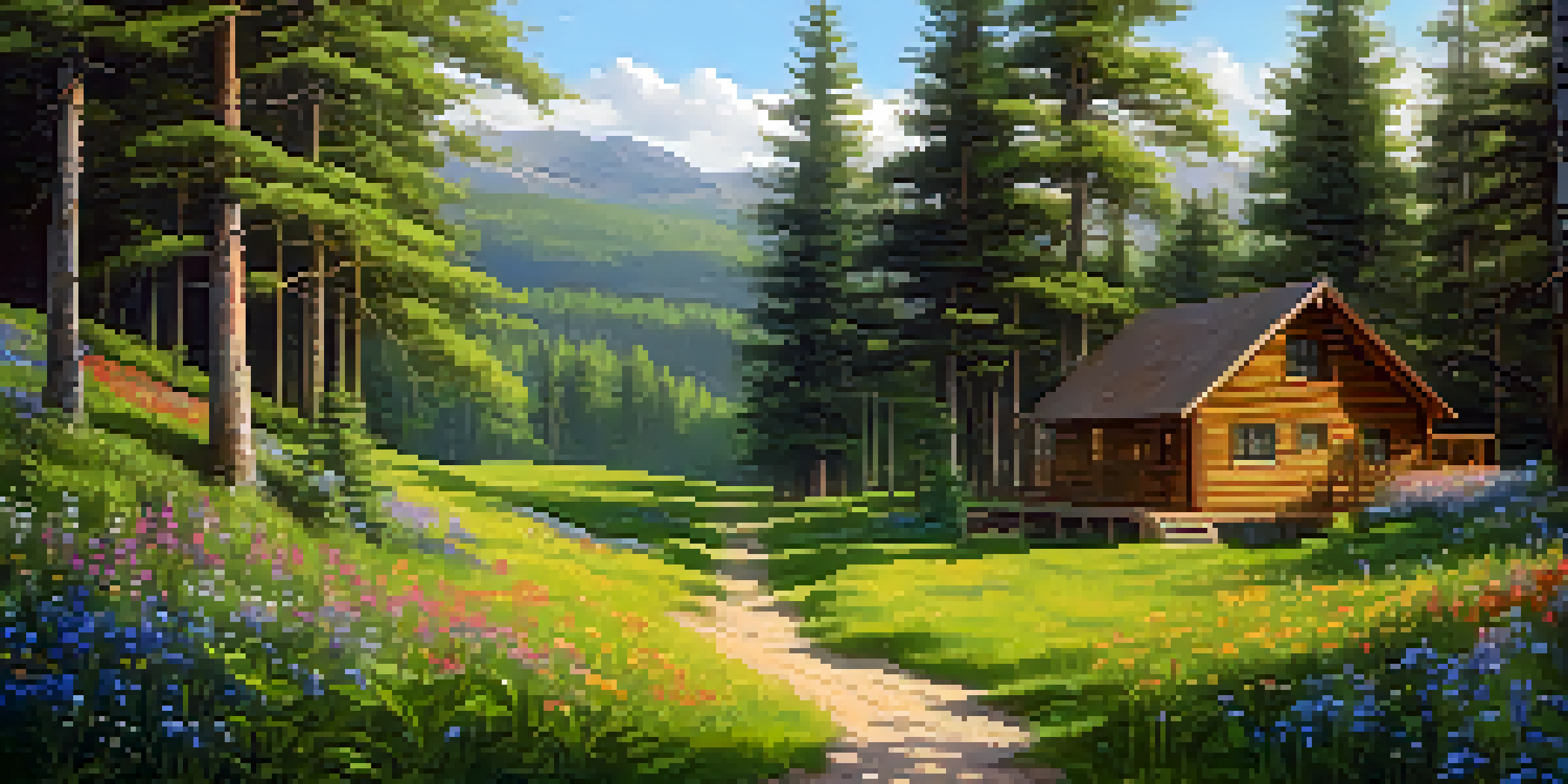 A tranquil forest scene with eco-friendly cabins and colorful wildflowers under a clear blue sky.