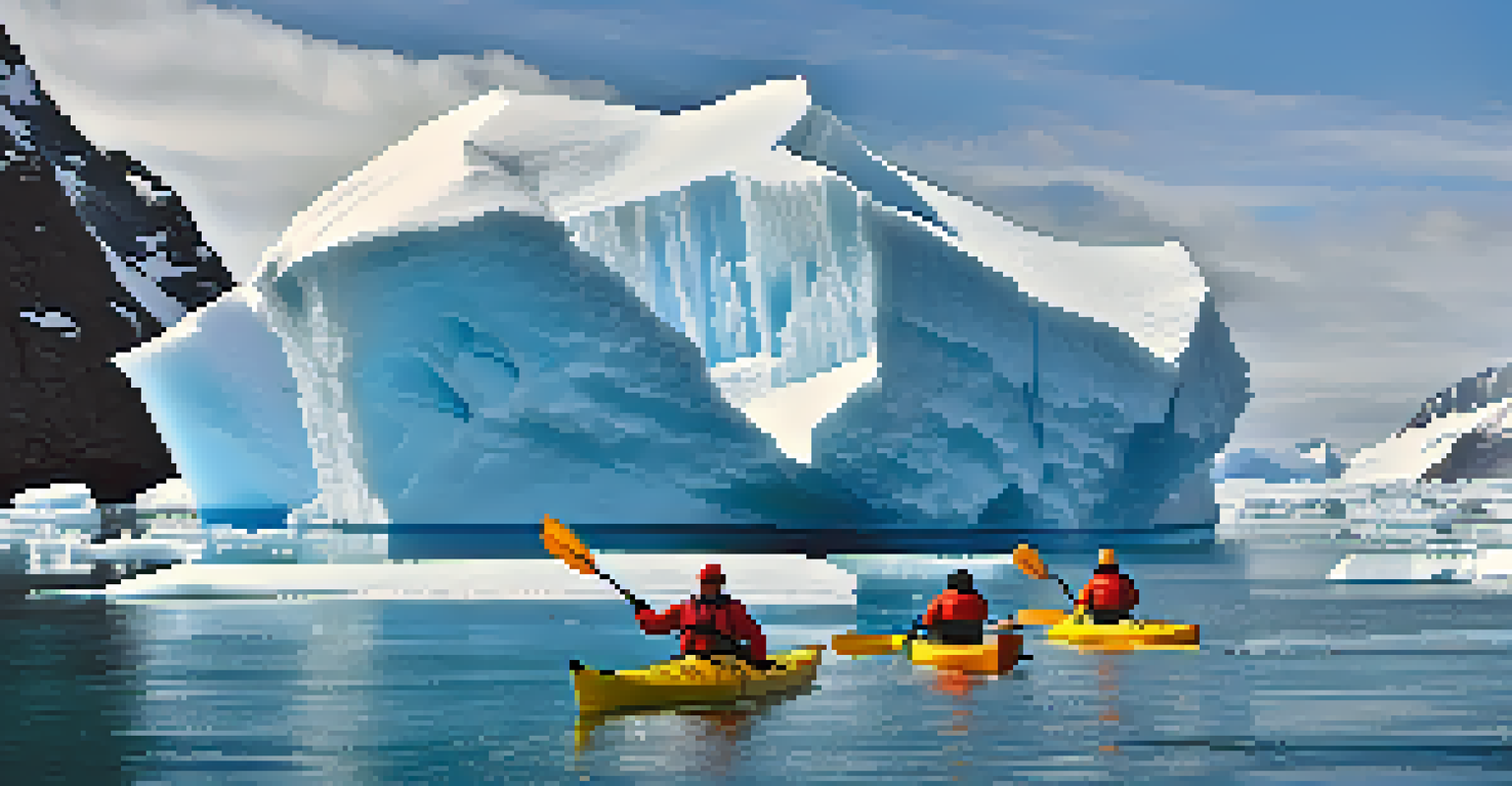 Kayakers paddling among icebergs in the Antarctic waters.