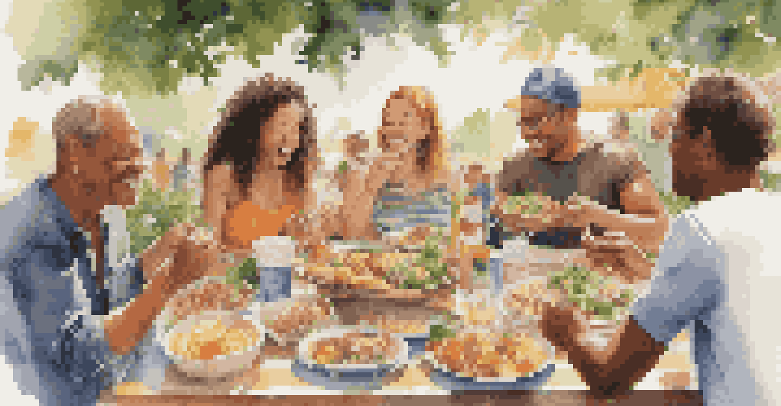 Close-up of friends sharing a meal at a festival picnic table, surrounded by greenery and colorful decorations.