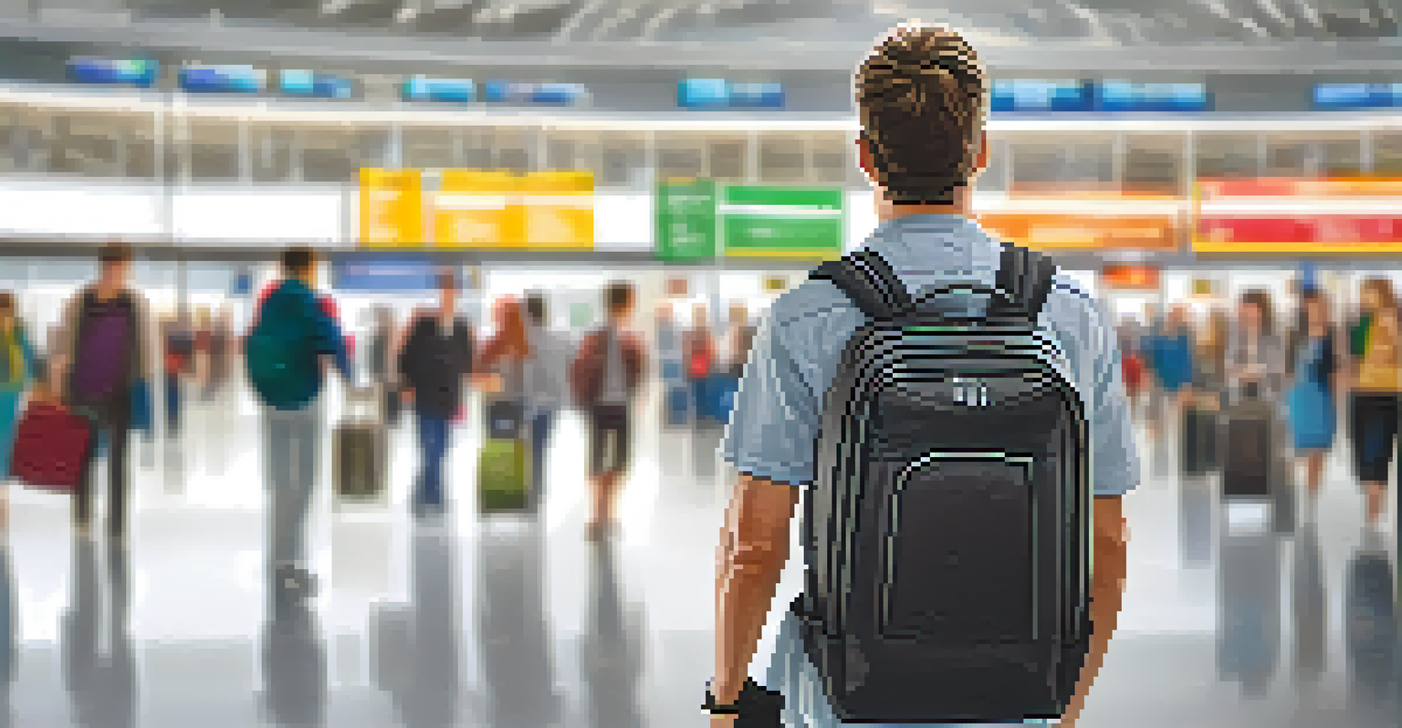 A traveler in an airport terminal, carrying a lightweight backpack and looking relaxed amidst the busy surroundings.