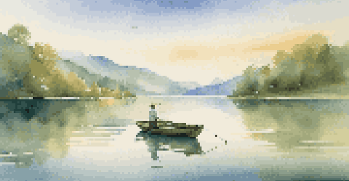 A peaceful lake with a wooden boat and a person fishing, surrounded by green mountains and a clear sky.