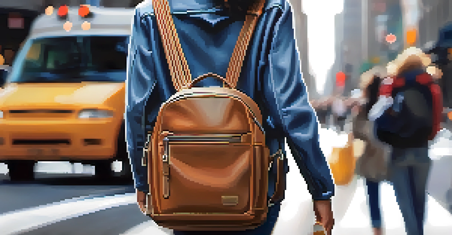 A close-up of a traveler securing a crossbody bag in a busy city, showcasing anti-theft features against a blurred urban backdrop.