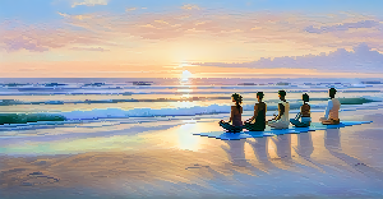 A group practicing yoga on the beach at sunrise, with calm waves and pastel colors in the sky, creating a peaceful ambiance.