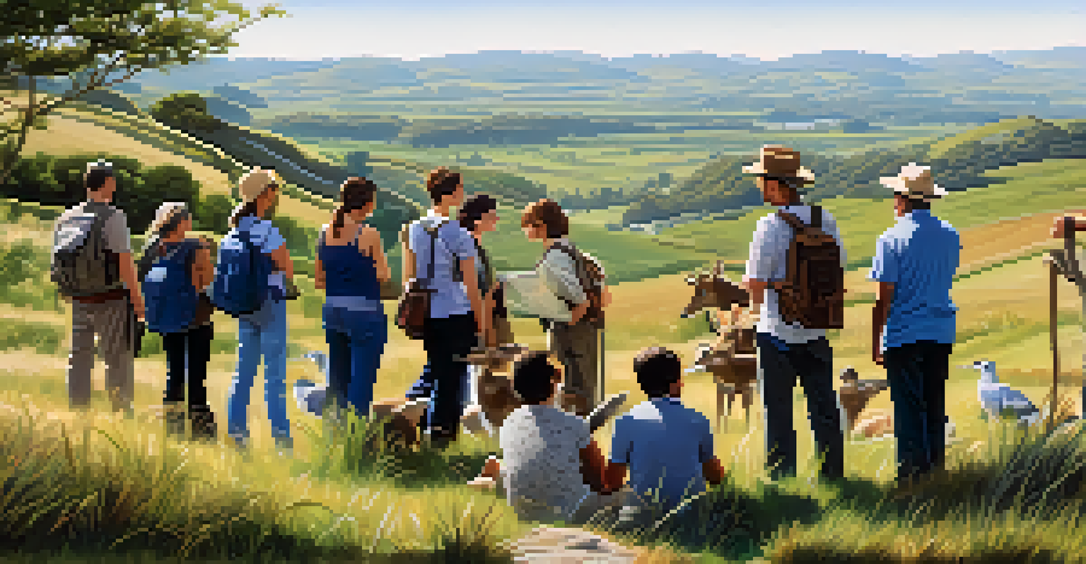Visitors participating in a guided nature tour with a guide pointing at wildlife in a scenic landscape.
