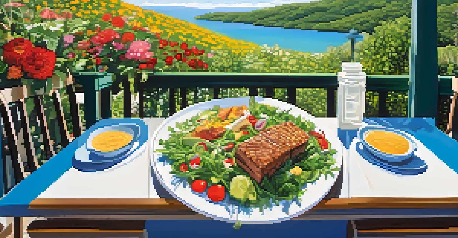 An outdoor dining table with an array of healthy dishes, colorful flowers, and a clear blue sky in the background.