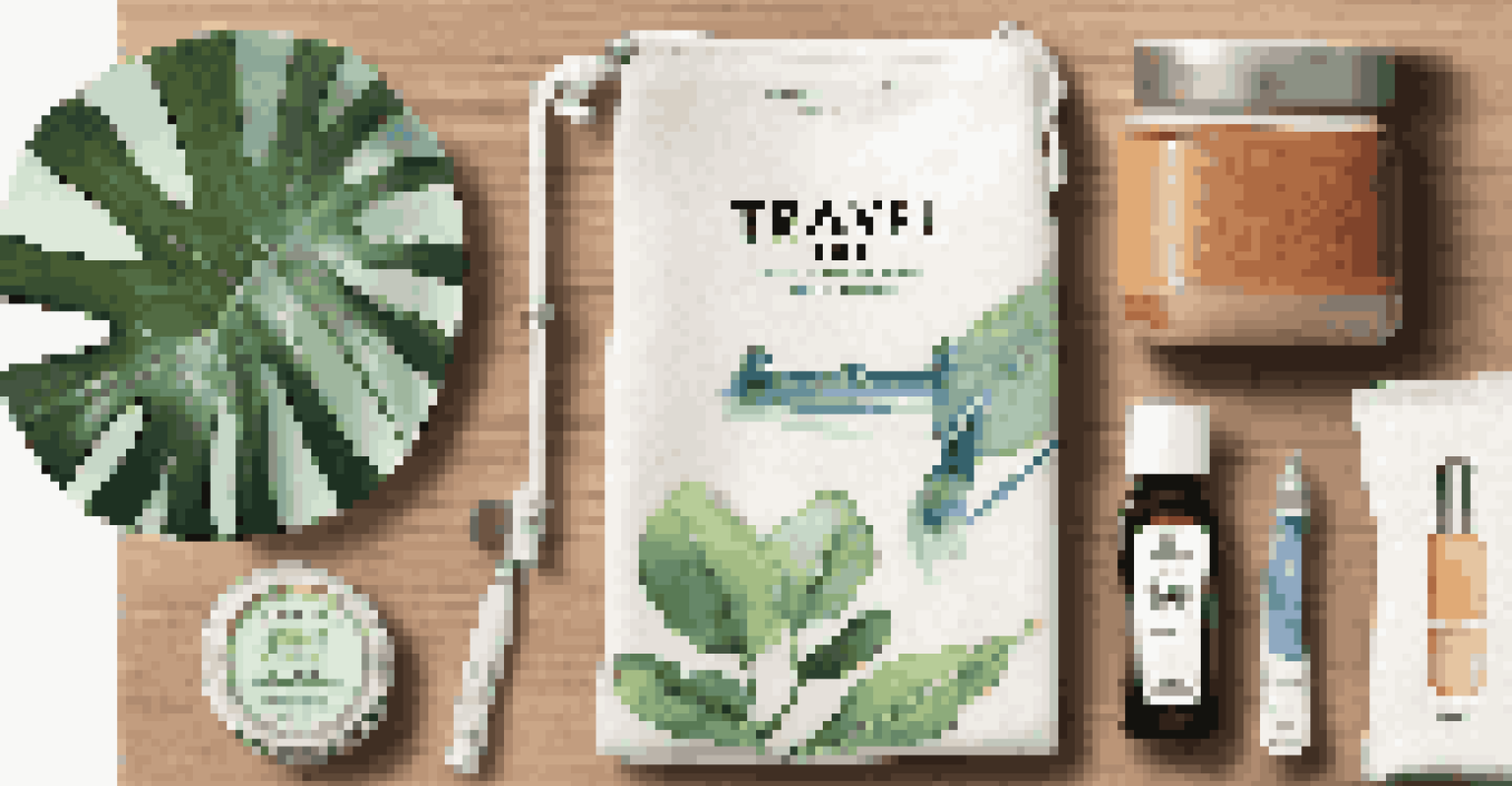 An eco-friendly travel kit with reusable items on a wooden table, including straws and cloth napkins, surrounded by a plant.