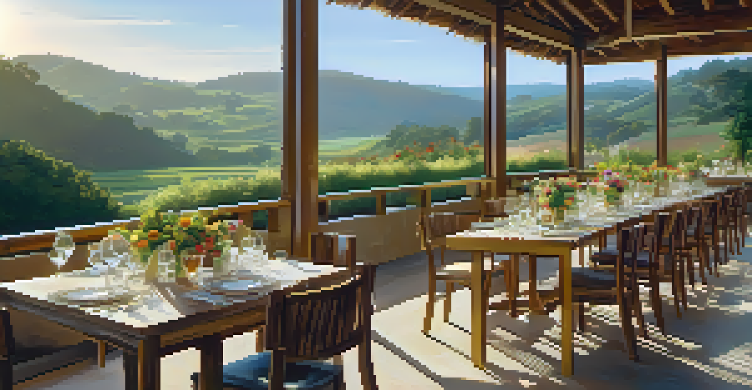 An outdoor dining area at an eco-friendly hotel featuring local organic food, surrounded by flowers and greenery under soft sunlight.