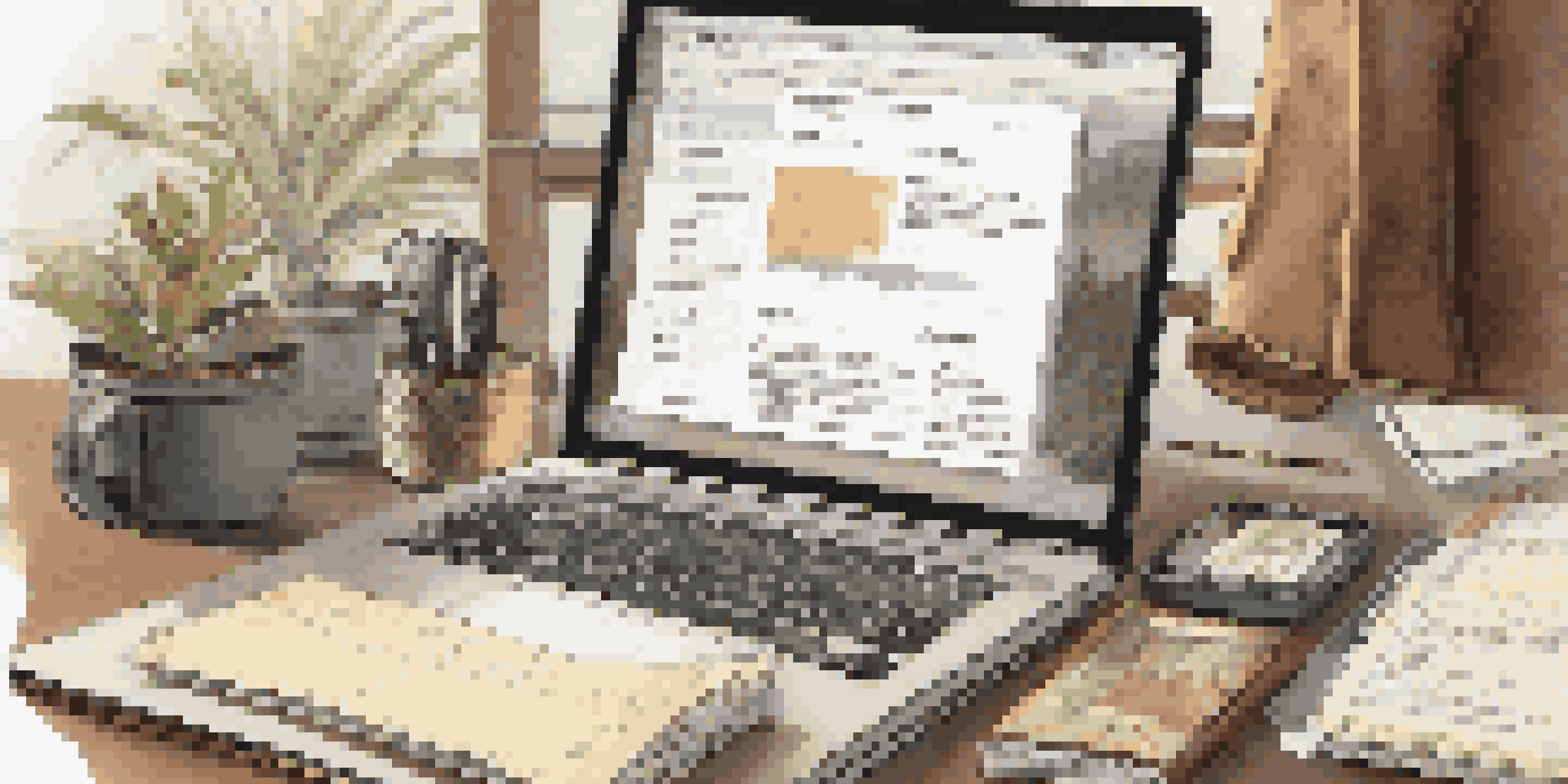 A travel workspace with a laptop showing a digital checklist, surrounded by organized travel documents including a passport and tickets, illuminated by soft natural light.