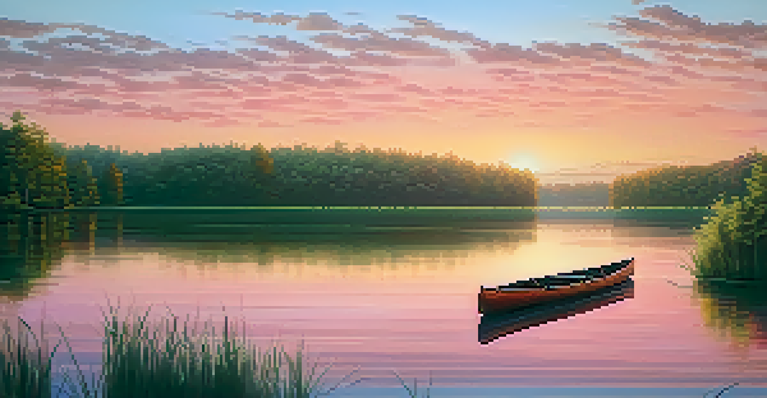 A tranquil lake at sunset, with colorful reflections on the water and a solitary canoe in the foreground.