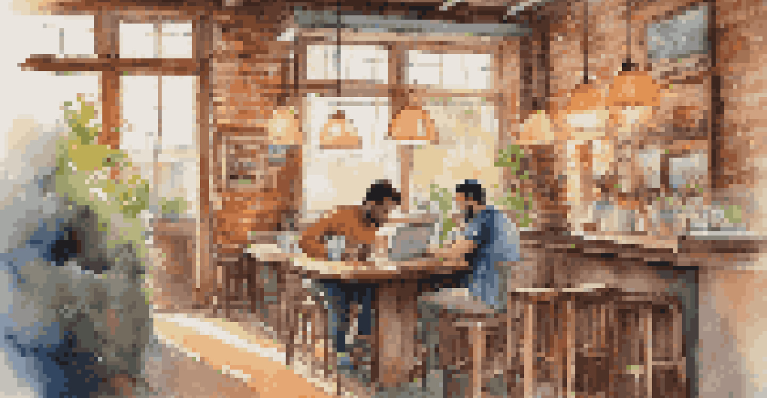A cozy cafe where a person is working on a laptop, surrounded by warm lighting and other patrons.