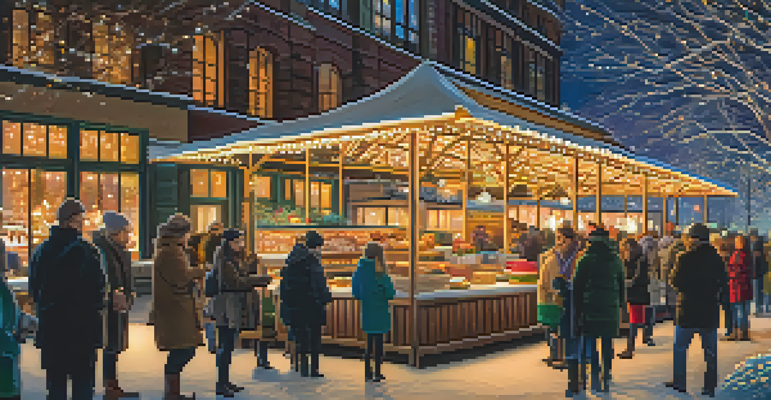 The Portland Winter Light Festival with illuminated pathways, chefs preparing food, and attendees enjoying warm bites.
