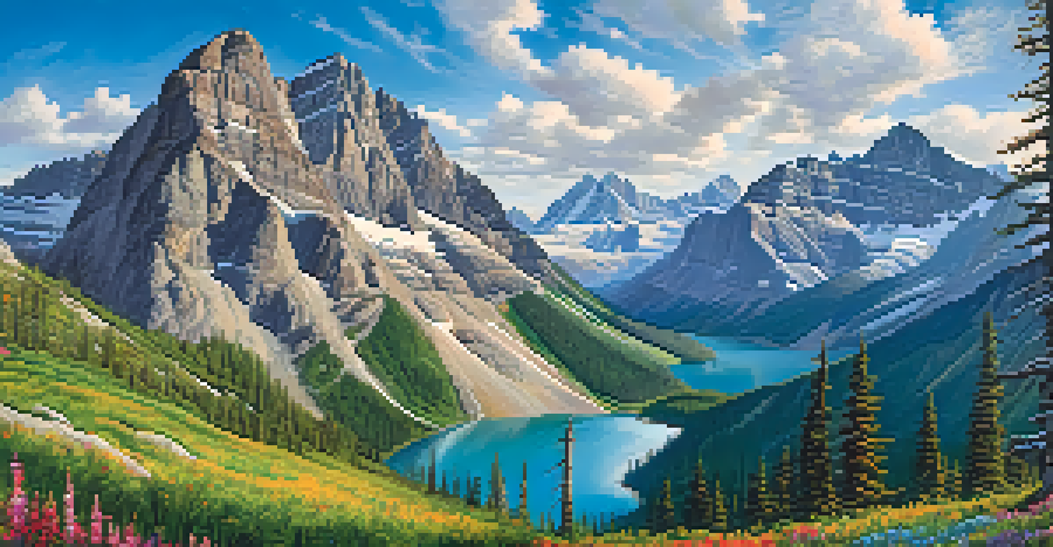 A climber scaling a rock face in the Canadian Rockies, surrounded by wildflowers and towering mountains.