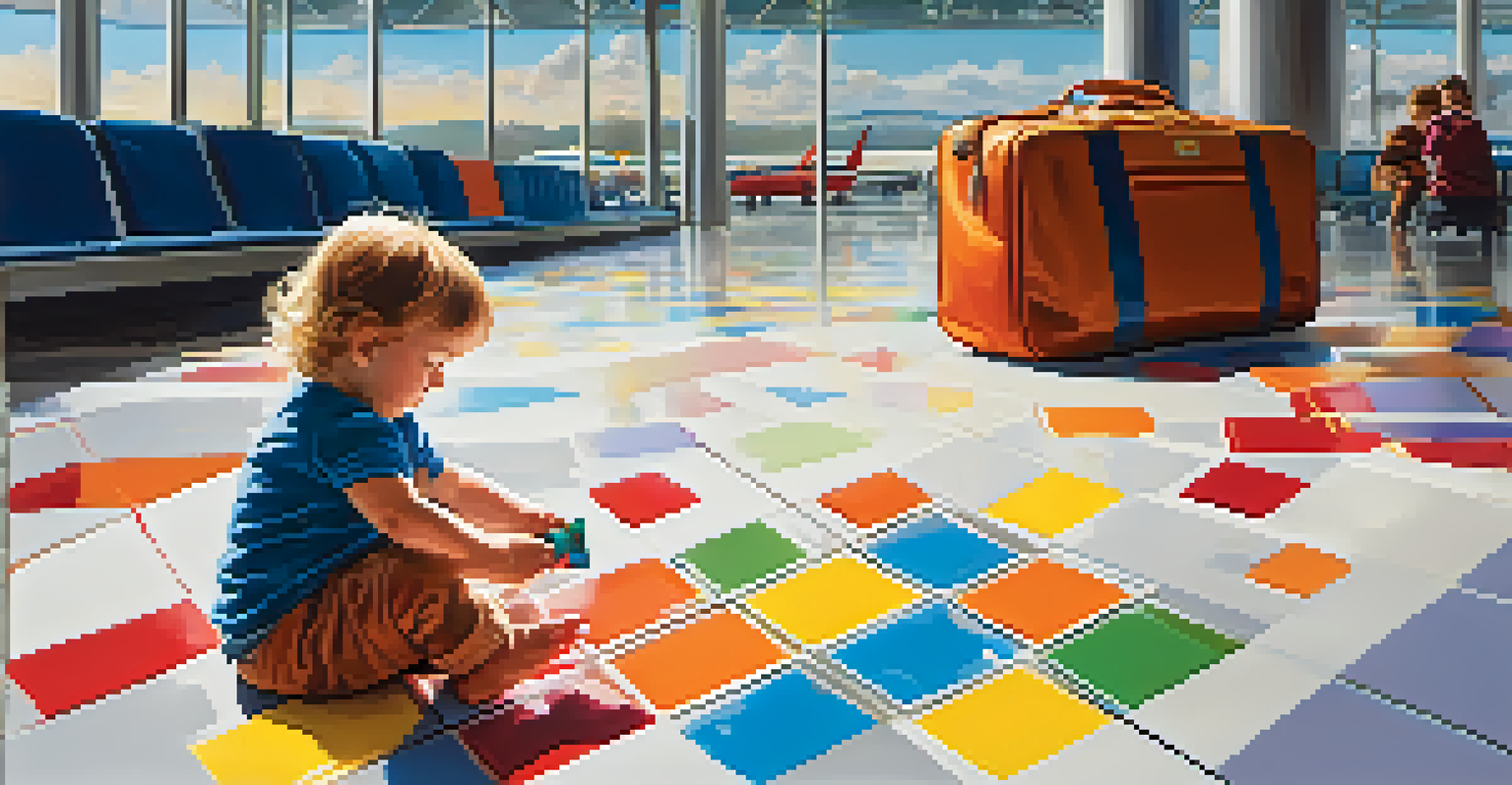 A toddler playing with a travel game at an airport, sitting on a colorful mat surrounded by toys.