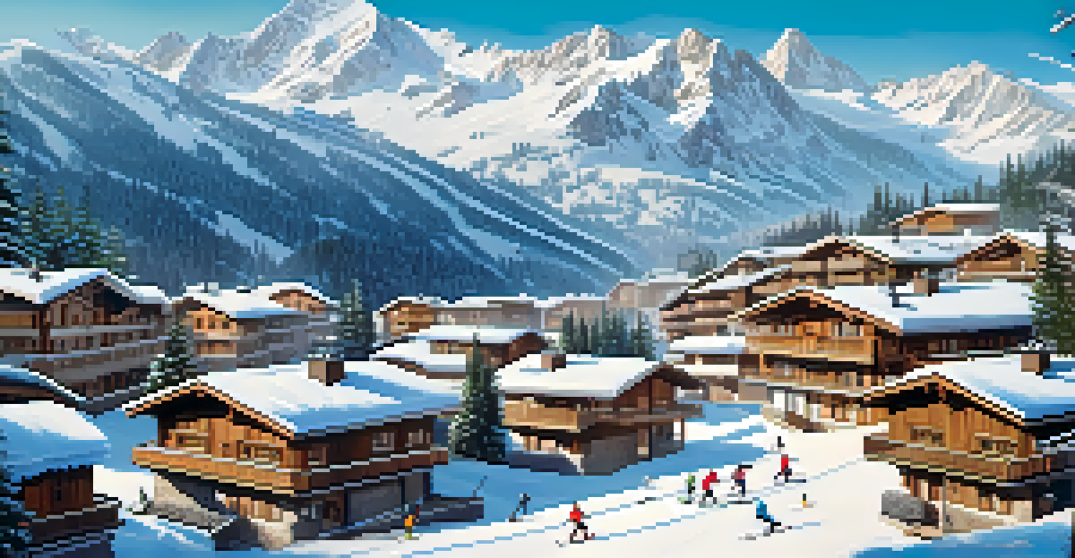 An aerial view of a ski resort in the Alps filled with skiers and wooden chalets surrounded by majestic mountains.