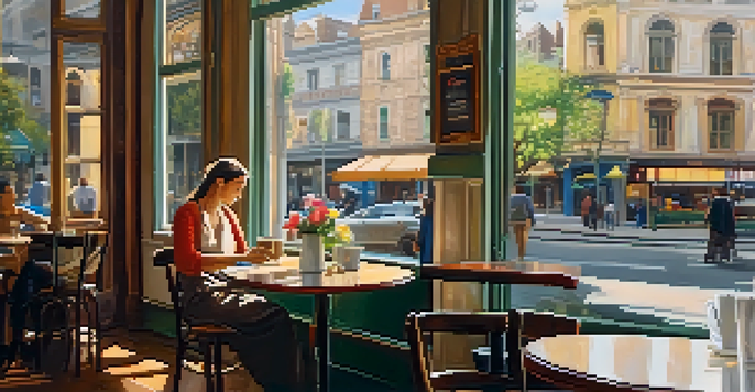 A cozy cafe scene with a traveler enjoying coffee and observing street life through the window, with natural light illuminating the interior.