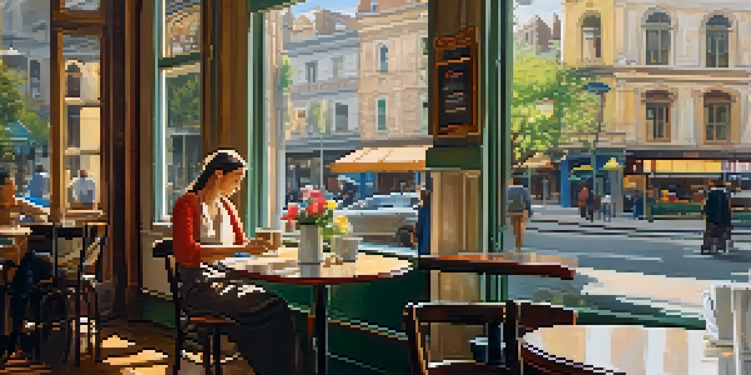 A cozy cafe scene with a traveler enjoying coffee and observing street life through the window, with natural light illuminating the interior.