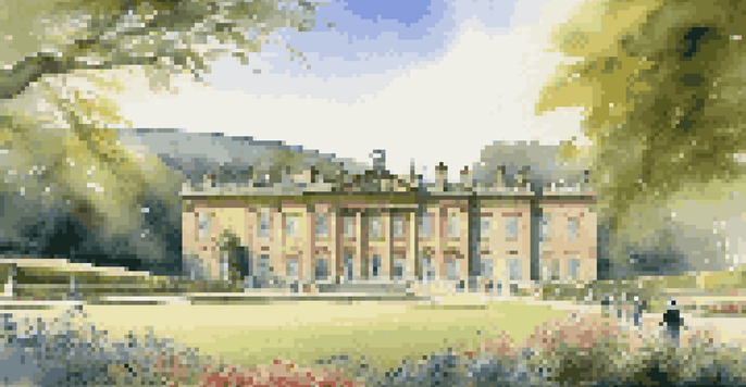 A couple in Regency-era clothing walking through the beautiful gardens of Chatsworth House, with the house in the background and colorful flower beds.