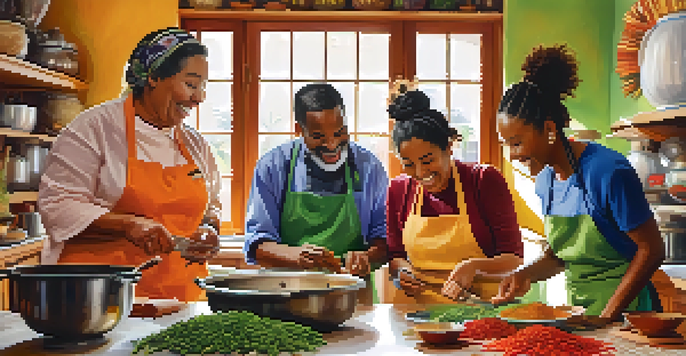 A diverse group of travelers participating in a cooking class, surrounded by colorful ingredients in a sunlit kitchen.
