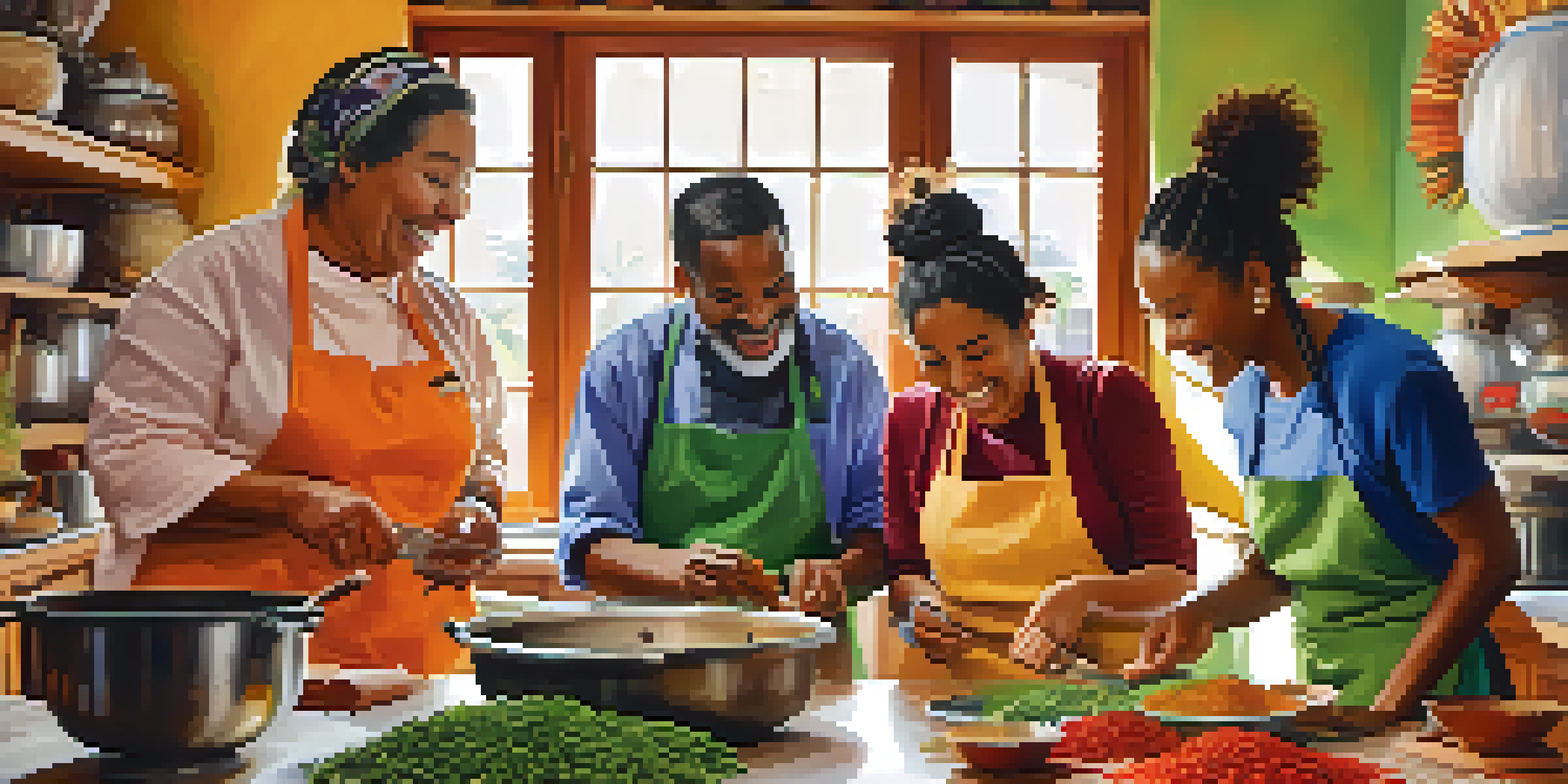 A diverse group of travelers participating in a cooking class, surrounded by colorful ingredients in a sunlit kitchen.