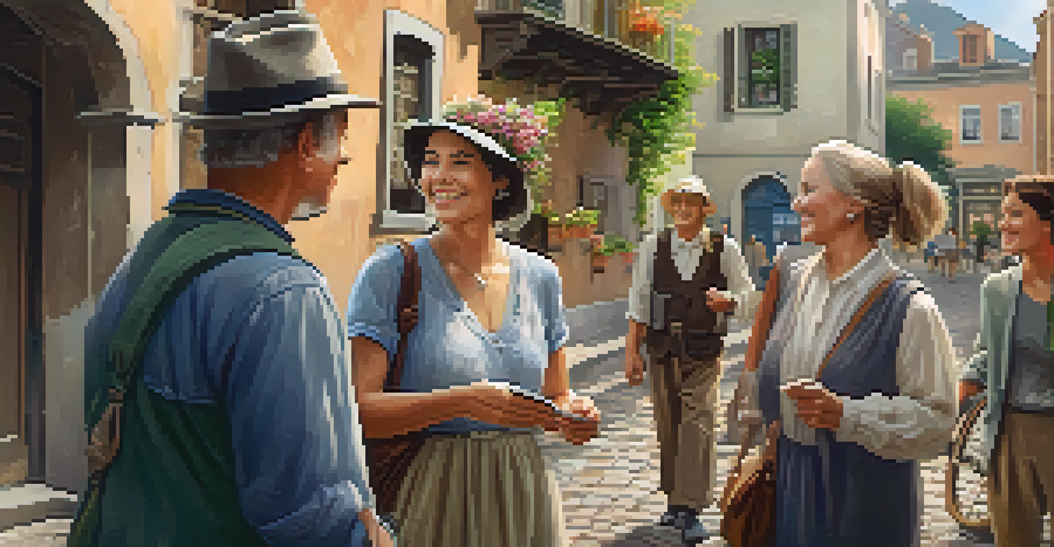 A local guide sharing stories with travelers in a historic neighborhood, surrounded by charming houses and cobblestone streets.