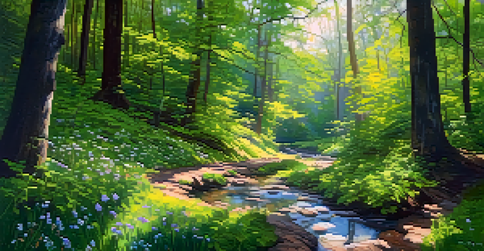 A peaceful hiking trail in a lush green forest, with sunlight filtering through the trees and vibrant wildflowers along the path.