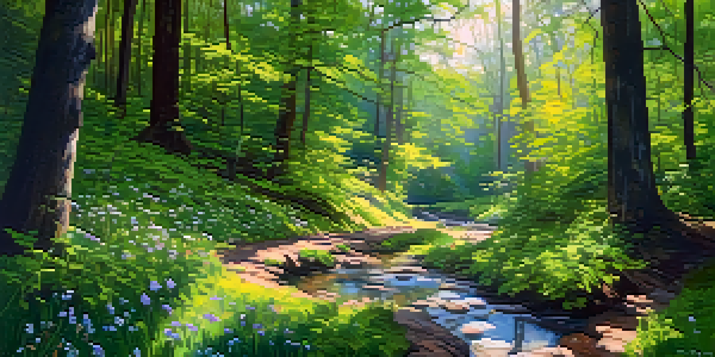 A peaceful hiking trail in a lush green forest, with sunlight filtering through the trees and vibrant wildflowers along the path.