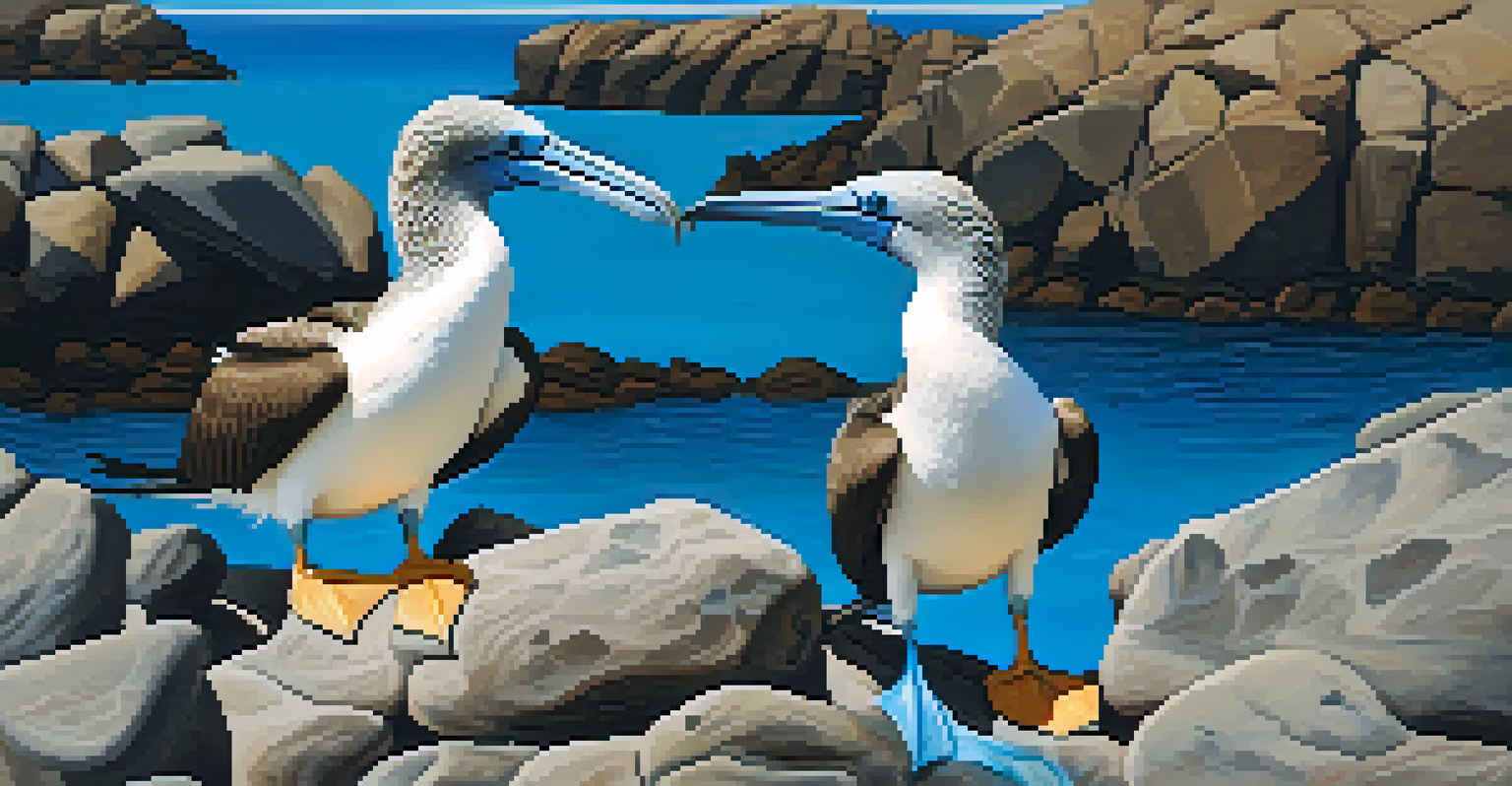 A blue-footed booby dancing on a rocky beach in the Galápagos, with its vibrant blue feet and the ocean in the background.
