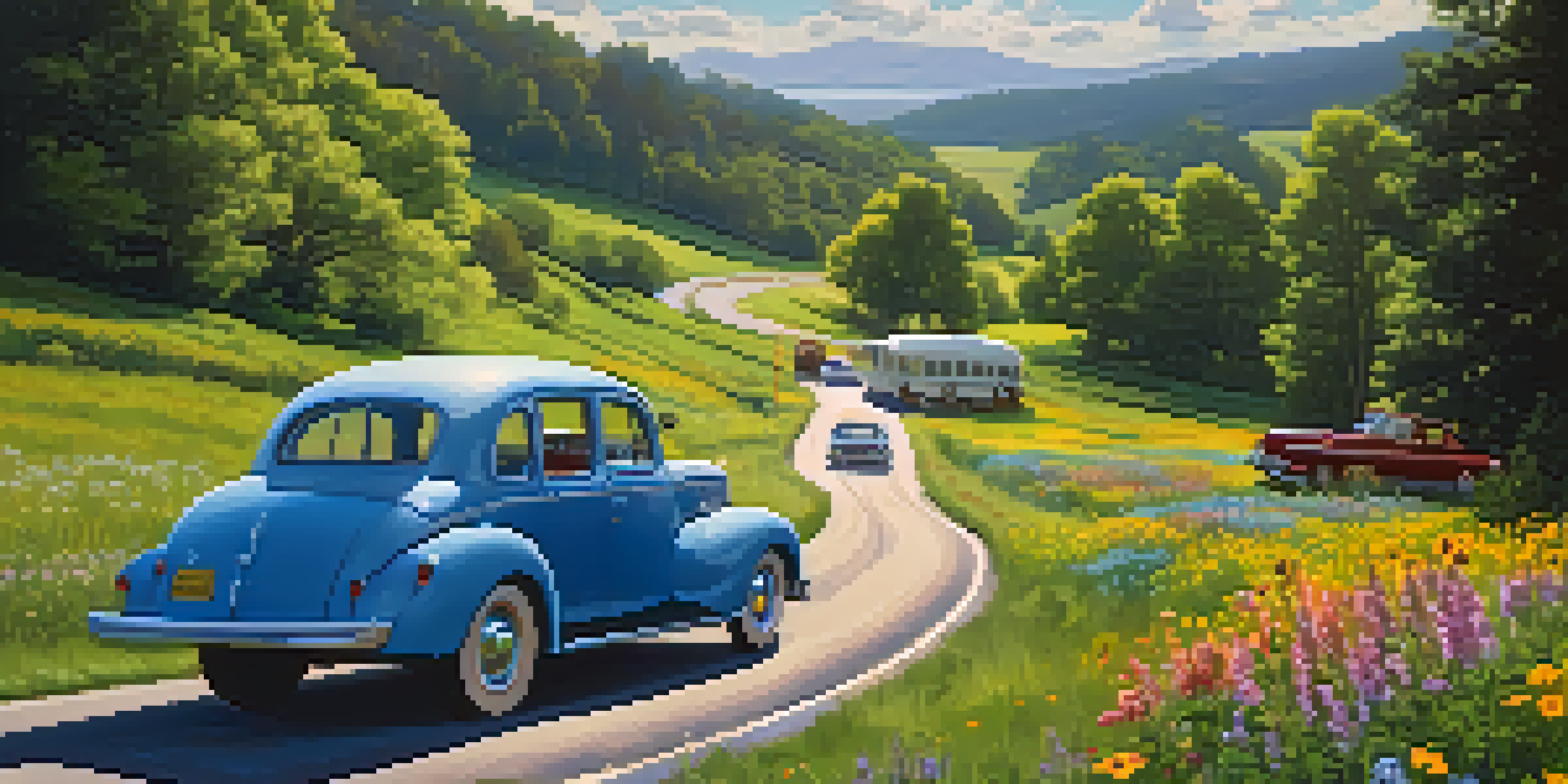 A scenic highway with a vintage car parked by the roadside, where a family enjoys a picnic amidst green hills and wildflowers under a bright blue sky.