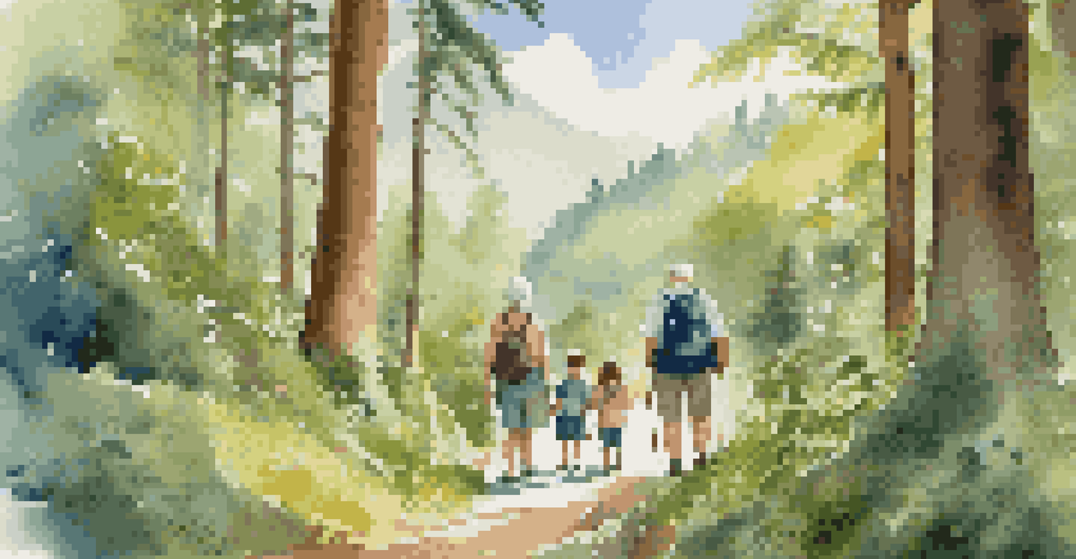 A family of different generations enjoys a hike in a beautiful national park, with children listening to grandparents' stories amidst nature.