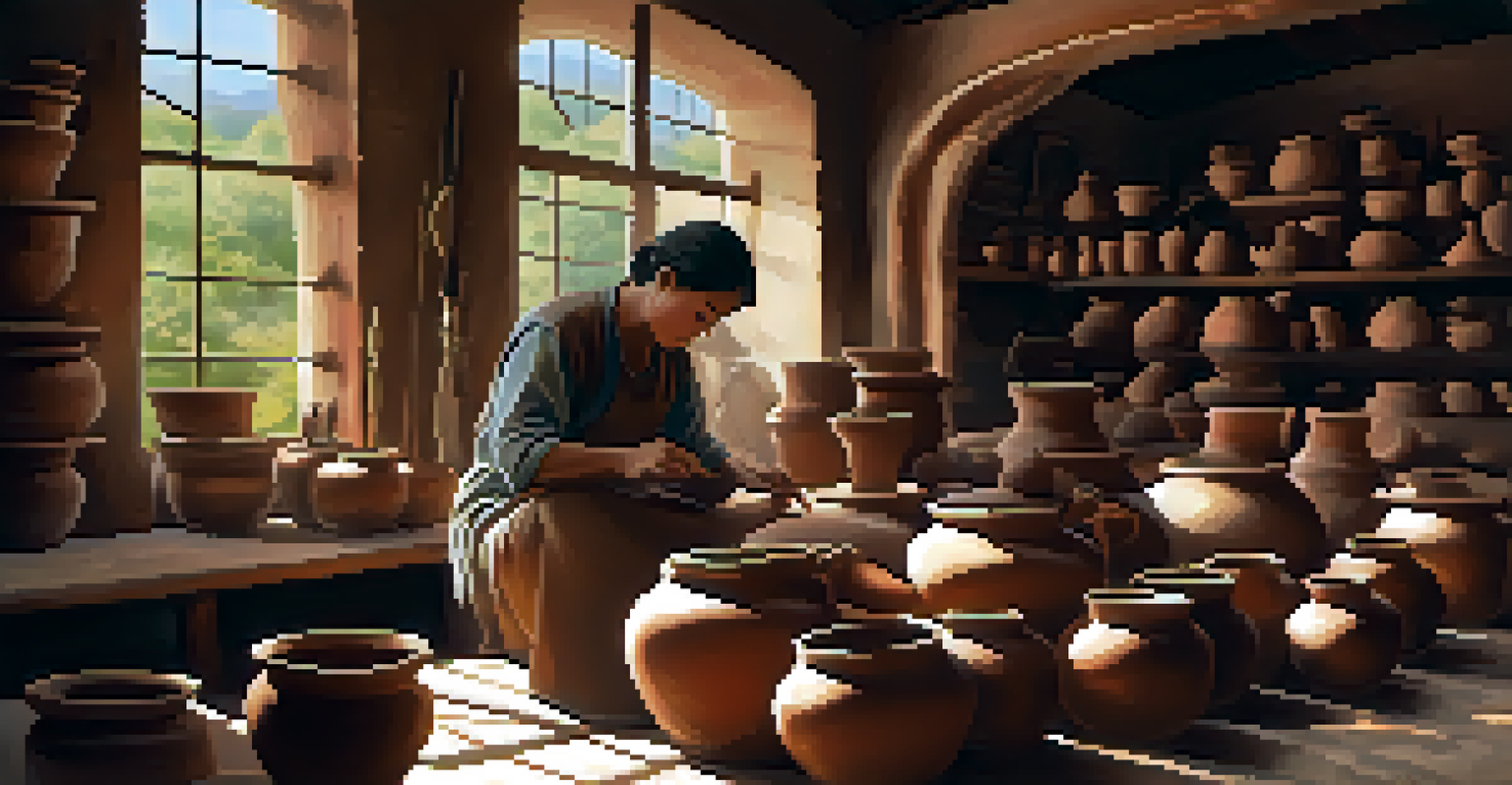 An artisan creating pottery in a workshop, surrounded by clay pots and tools, with natural light highlighting the intricate designs and the artisan's focused expression.