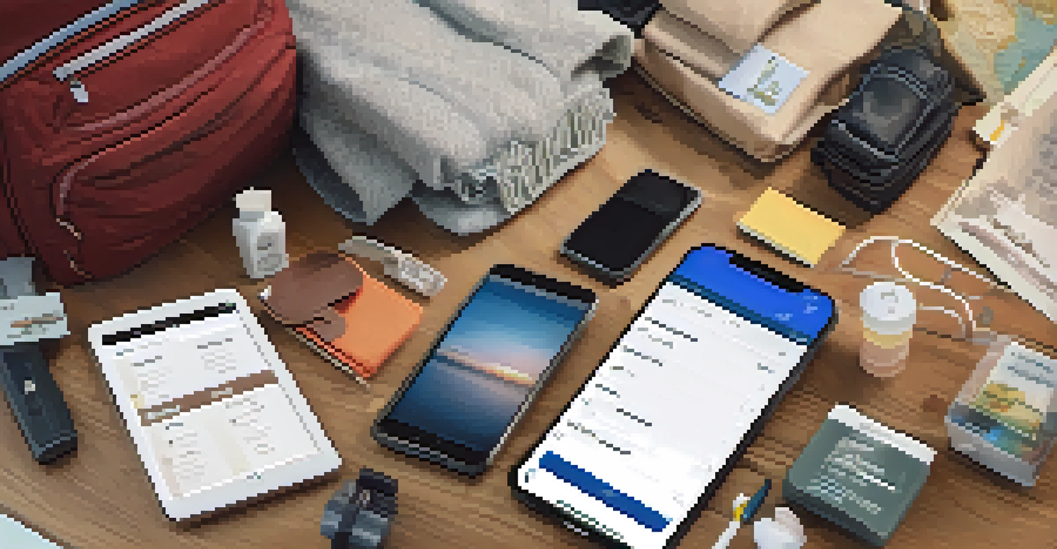 An organized packing list on a wooden table, surrounded by travel essentials and a smartphone, well-lit with a cozy travel-themed decor.