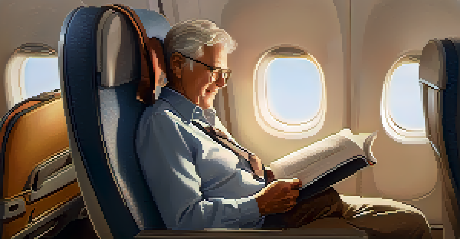 A senior passenger in an airplane seat, looking comfortable with a travel pillow and blanket.