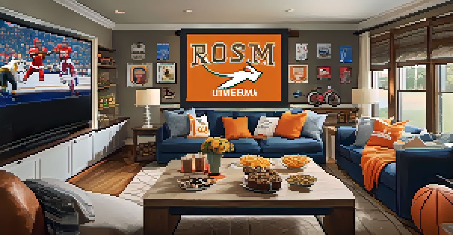 A cozy living room filled with fans watching a sports game on a large screen, with snacks and team decorations.