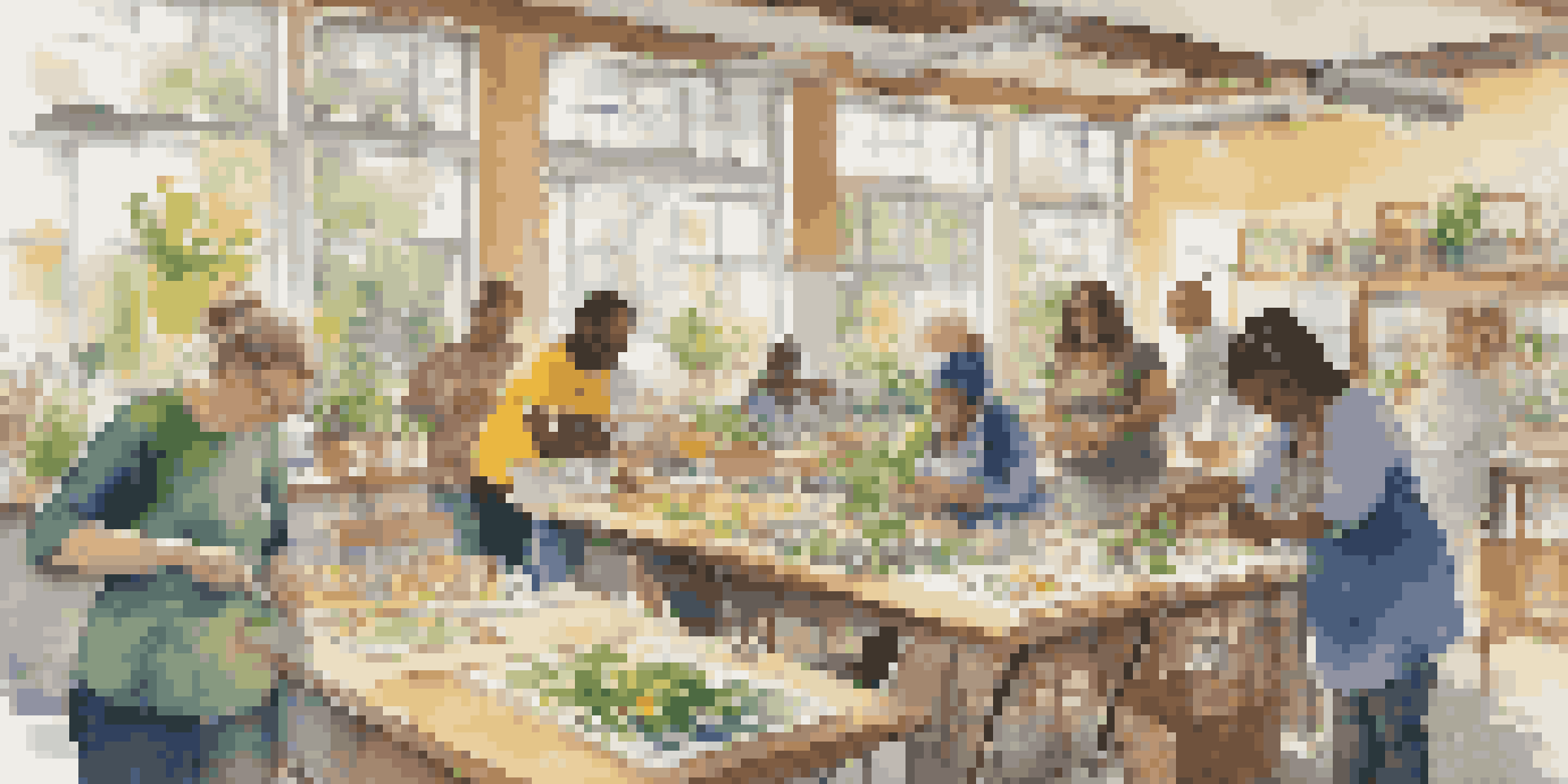 A lively community workshop with people of various backgrounds actively participating in creative activities, surrounded by art supplies and natural light.