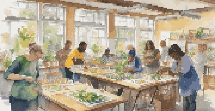 A lively community workshop with people of various backgrounds actively participating in creative activities, surrounded by art supplies and natural light.