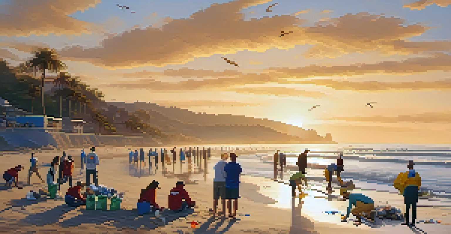 Volunteers cleaning a beach at sunset, collecting debris while enjoying a beautiful coastal view.