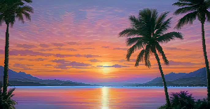 A beautiful sunset over the ocean, featuring vibrant colors in the sky and silhouetted palm trees framing the scene.