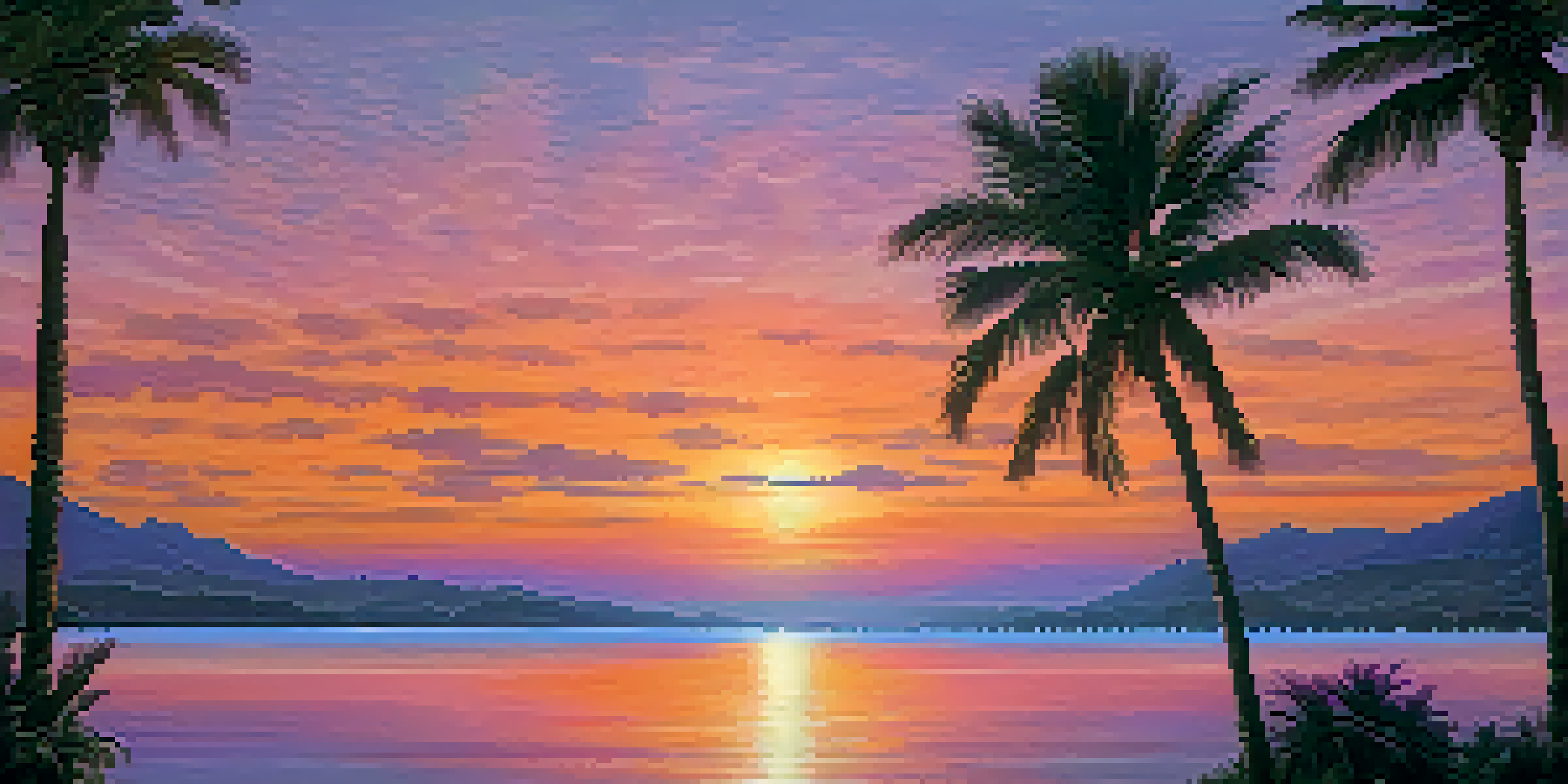 A beautiful sunset over the ocean, featuring vibrant colors in the sky and silhouetted palm trees framing the scene.
