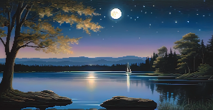 A peaceful night scene with a lake reflecting stars and silhouettes of trees, illuminated by moonlight and a distant city skyline.