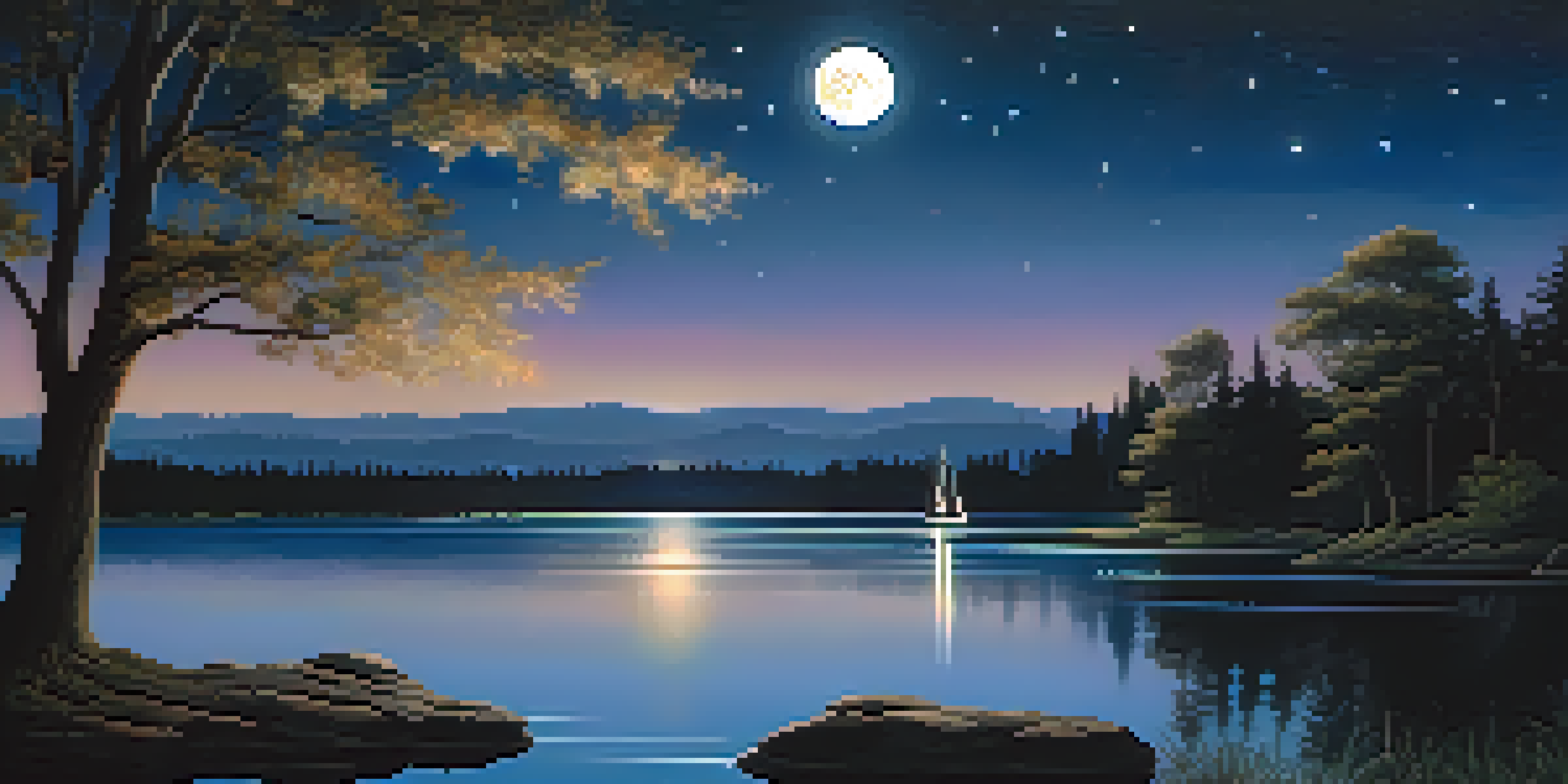 A peaceful night scene with a lake reflecting stars and silhouettes of trees, illuminated by moonlight and a distant city skyline.