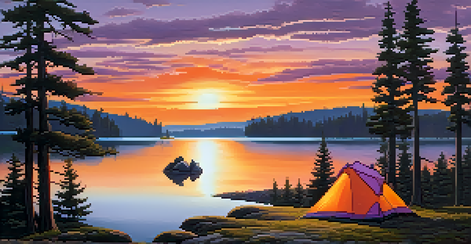 A tranquil lake campsite at sunset with a tent, campfire, and colorful sky reflecting on the water.