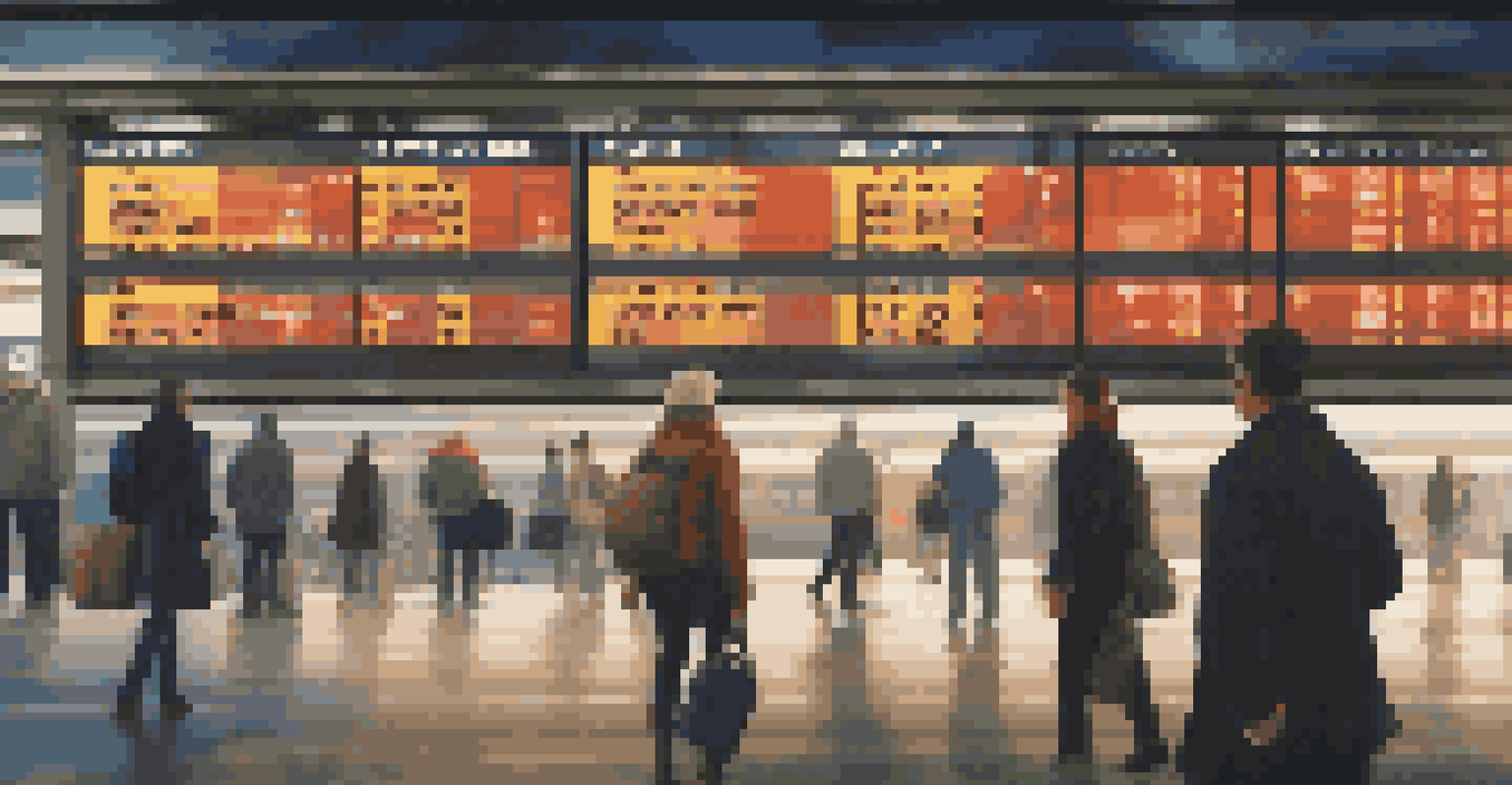 A detailed view of a train schedule board with departure times and platform numbers, surrounded by blurred travelers in the background.