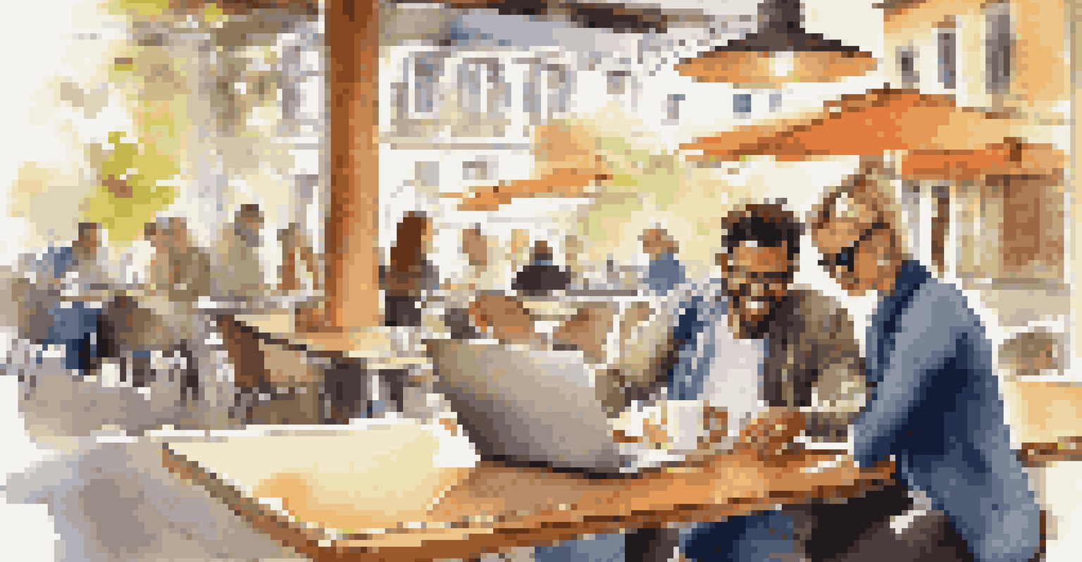 A traveler at a café, using a mobile app to plan a trip, with travel brochures and a laptop on the table.