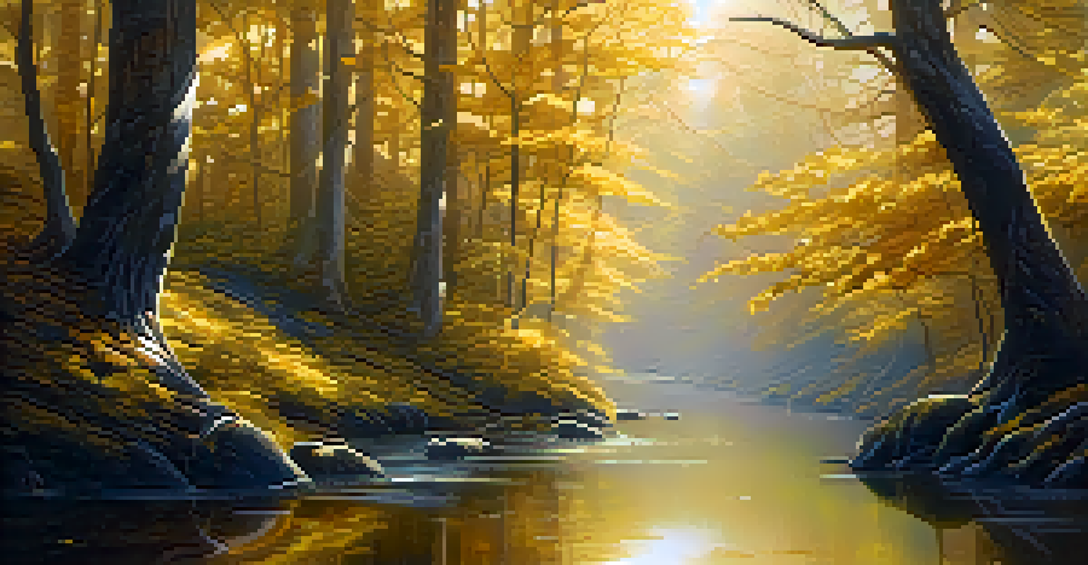 An enchanting forest scene with golden leaves, tall trees, and a serene river reflecting soft golden light.