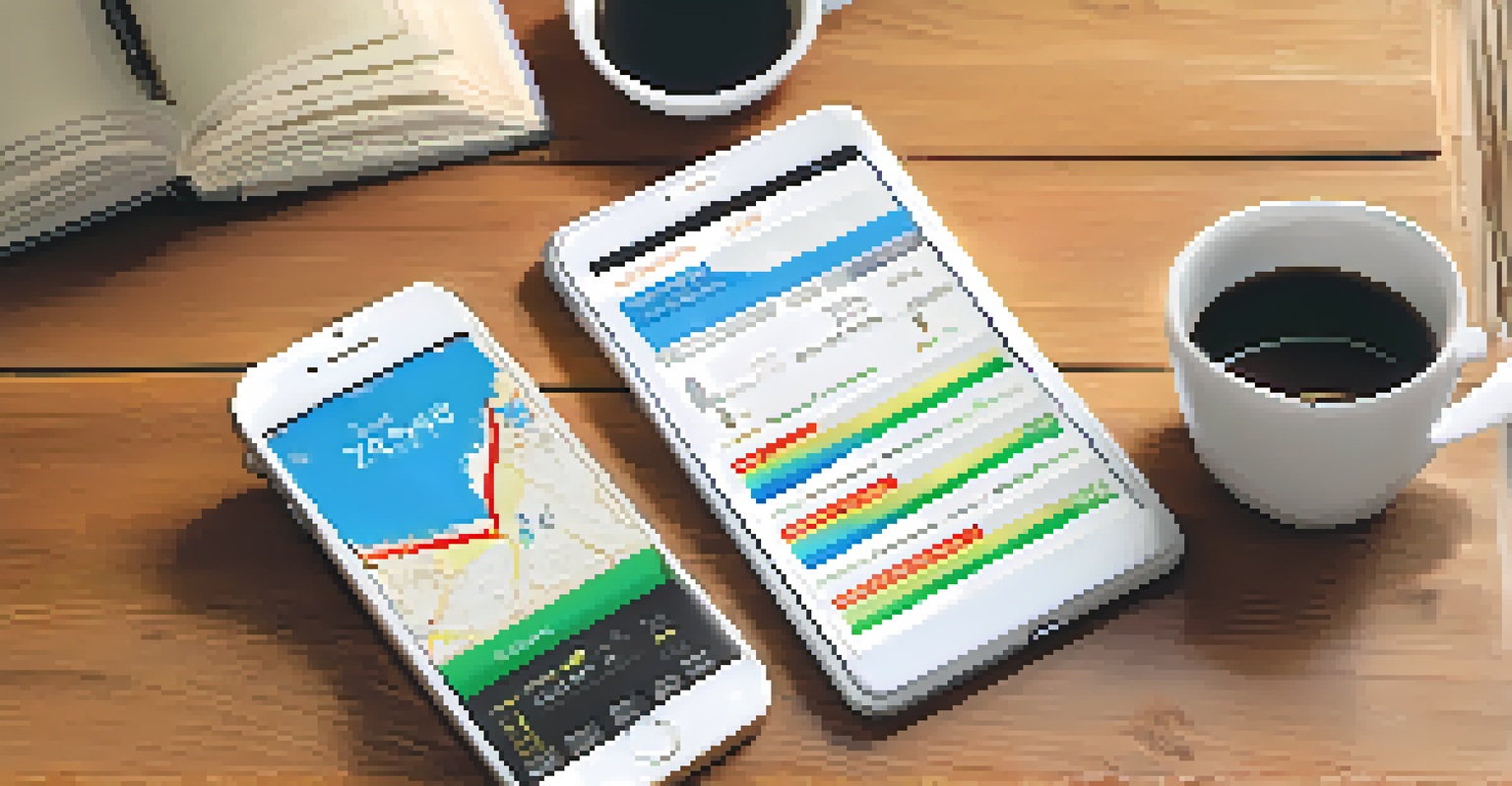 A smartphone showing a flight comparison app next to a cup of coffee and a travel journal on a table.