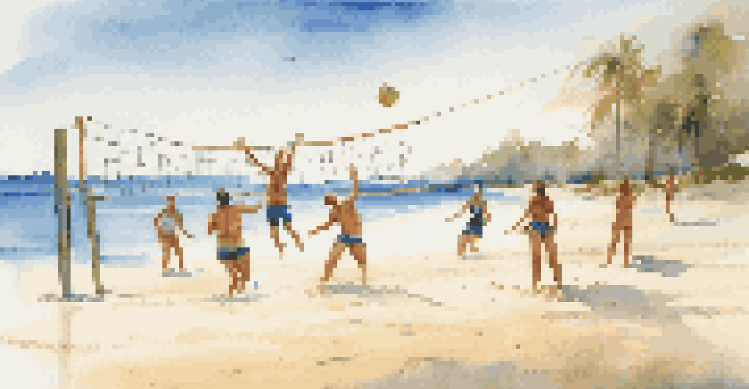 A group of travelers enjoying a beach day, playing volleyball on golden sand with turquoise water in the background.